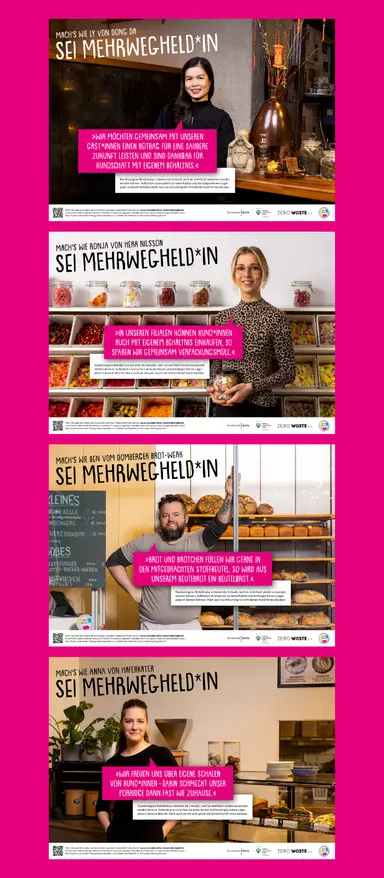 Vier Fotos von Verkaufspersonen in ihren Läden mit Zitaten und der Überschrift: „Mach’s wie … – sei Mehrwegheld*in“