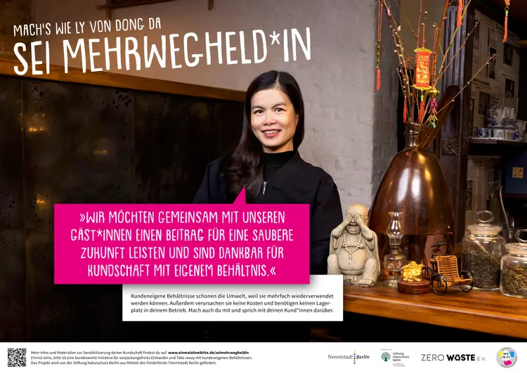 Foto einer Gastronomin im Restaurant mit Zitat und der Überschrift: „Mach’s wie Ly von Dong Da – sei Mehrwegheld*in“