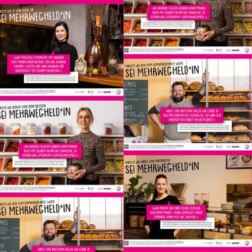 Vier Fotos von Verkaufspersonen in ihren Läden mit Zitaten und der Überschrift: „Mach’s wie … – sei Mehrwegheld*in“