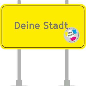 Gelbes Ortsschild für „Deine Stadt“ mit „Einmal ohne, bitte“-Sticker