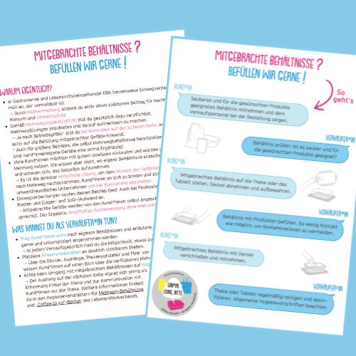 Vorschaubild des zweiseitigen Merkblatts von „Einmal ohne, bitte“ mit dem Titel „Mitgebrachte Behältnisse? Befüllen wir gerne!“ mit Verlinkung zum PDF-Dokument