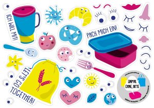 Vorschaubild eines Stickerbogens mit freundlichen Motiven und Sprüchen, die ans Mitbringen der eigenen Behältnisse erinnern