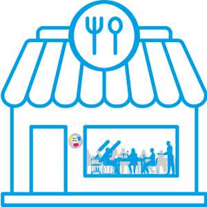 Umriss eines Gastronomiebetriebs in Blau mit „Einmal ohne, bitte“-Sticker