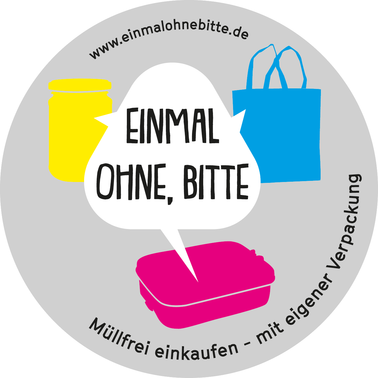 Rundes Logo von „Einmal ohne, bitte“ mit drei bunten Gefäßen, der Website-Adresse „www.einmalohnebitte.de“ und der Aufschrift: „Müllfrei einkaufen – mit eigener Verpackung“