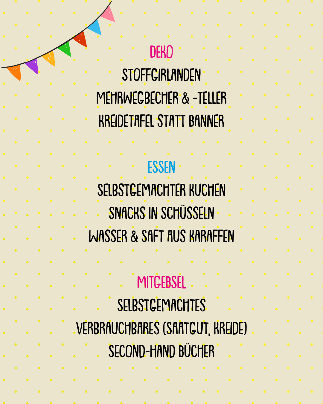 Checkliste für einen Zero-Waste-Geburtstag mit den Unterpunkten „Deko“, „Essen“ und „Mitgebsel“