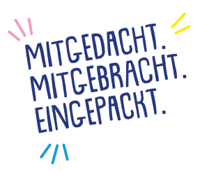Bunter Text: „Mitgedacht. Mitgebracht. Eingepackt.“