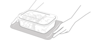 Illustration einer Frischhaltedose, die auf einem Tablett entgegengenommen wird