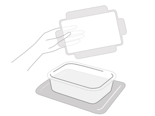 Illustration einer Frischhaltedose auf einem Tablett, von der der Deckel abgenommen wird