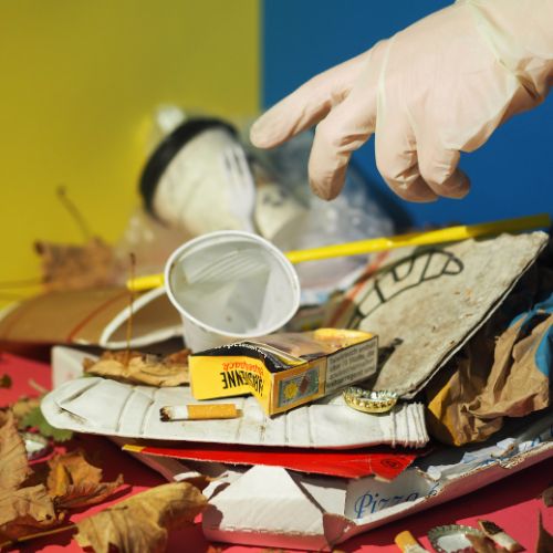 Foto achtlos weggeworfenen Mülls, nach dem eine Hand im Handschuh greift