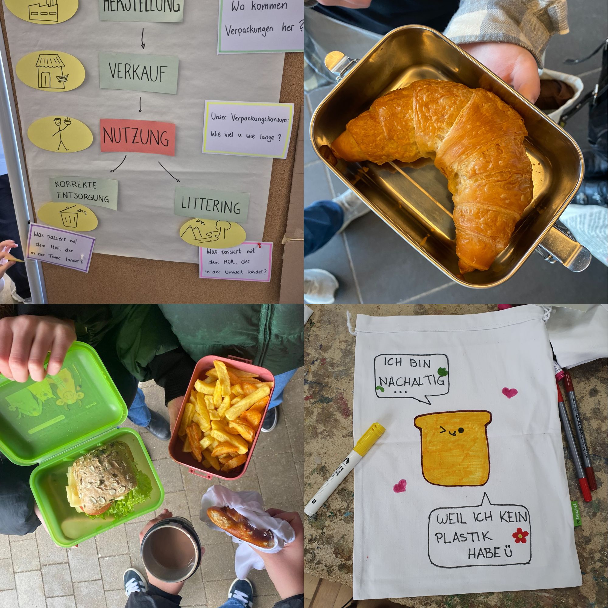 Vier Fotos mit Impressionen aus den Schulworkshops: ein Plakat, Speisen und Getränke in Mehrwegbehältnissen und ein bemalter Stoffbeutel
