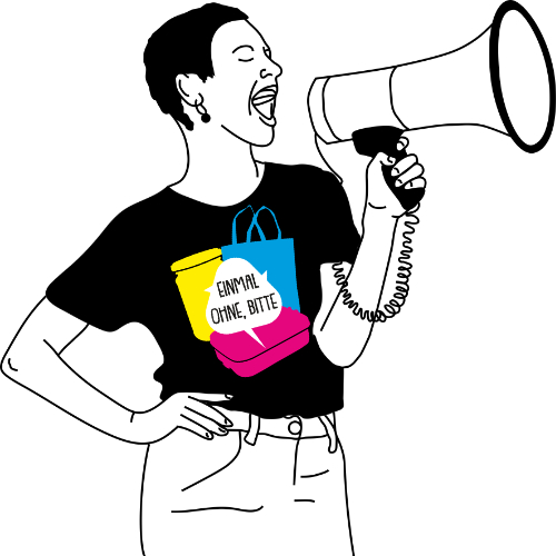 Illustration einer Person mit Megafon und einem T-Shirt mit dem Logo von „Einmal ohne, bitte“