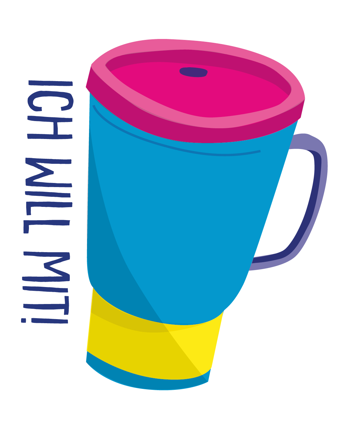 Bunter Thermosbecher, daneben der Text „Ich will mit!“