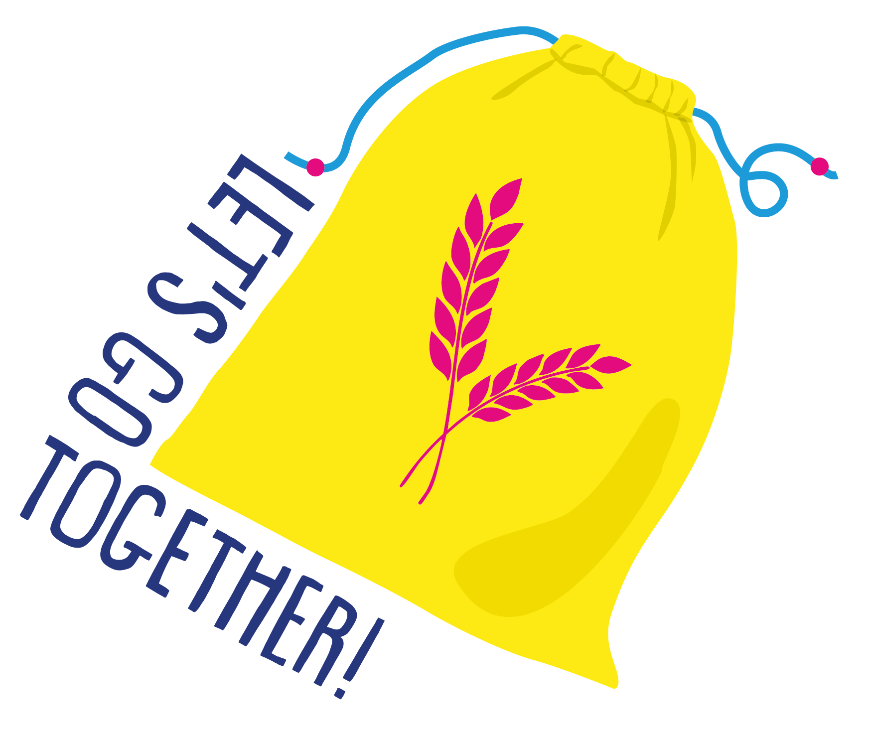 Gelber Stoffbeutel mit pinkem Ährensymbol, darum der Text „Let’s go together!“