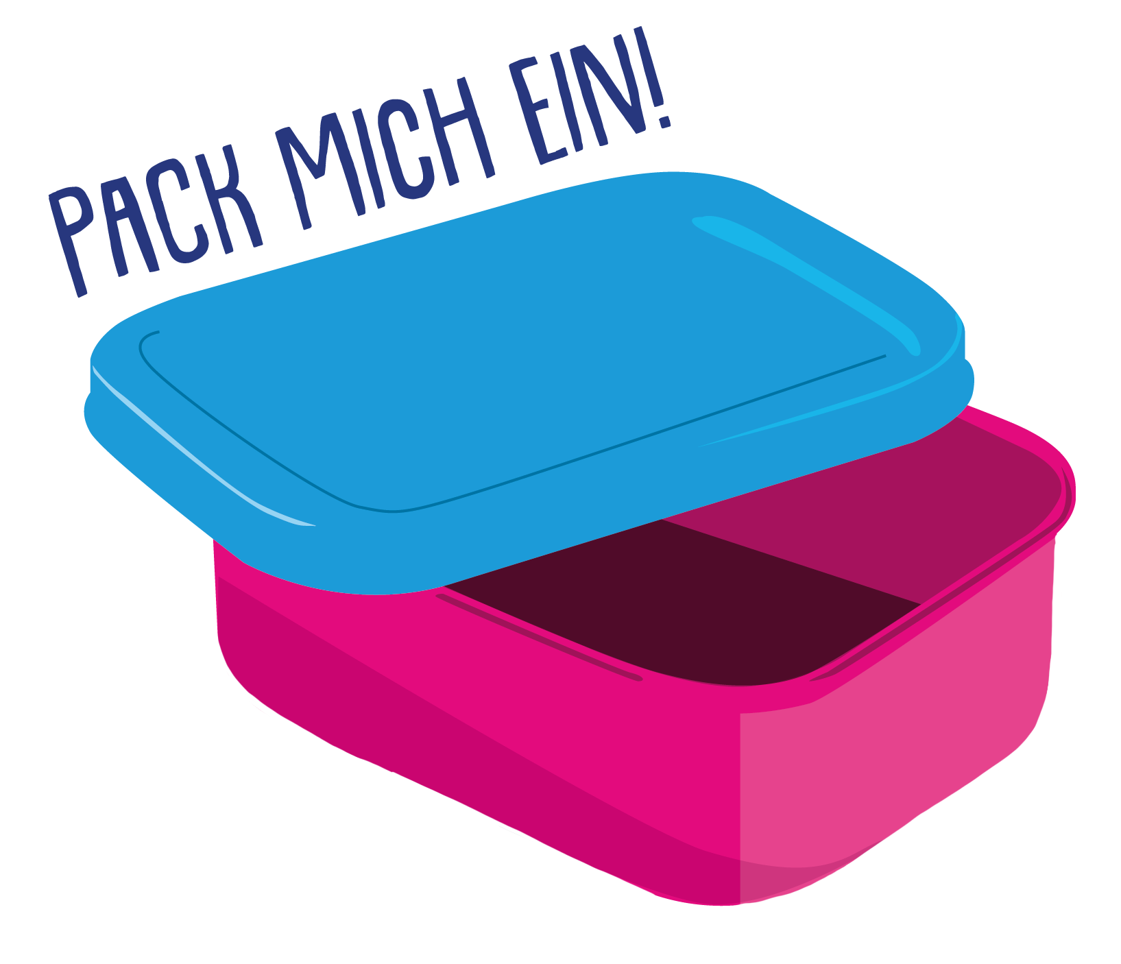 Blau-rosa Frischhaltedose, darüber der Text „Pack mich ein!“
