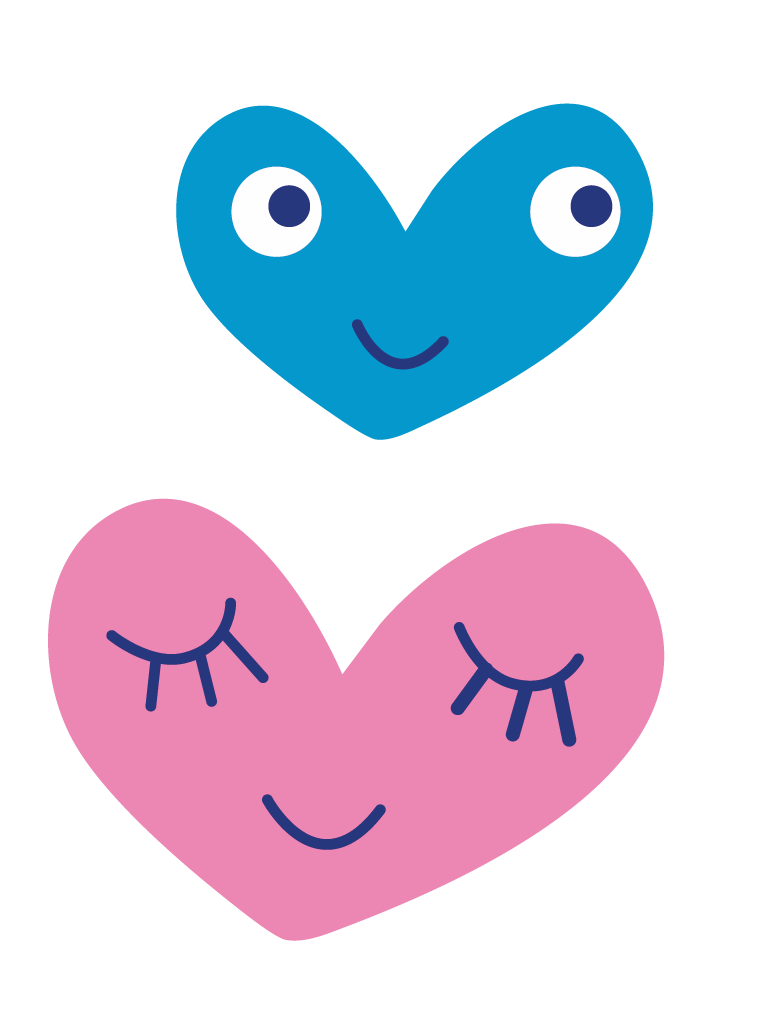 Blaues und rosa Herz mit lächelnden Gesichtern