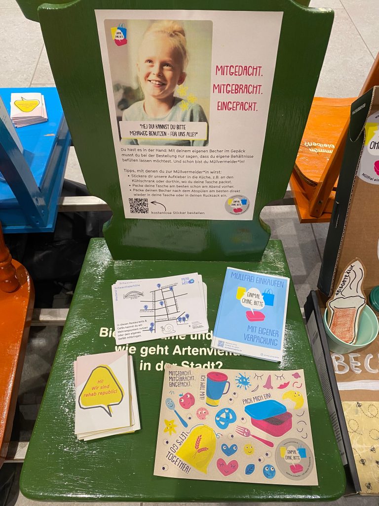Foto eines grünen Stuhls, auf dem der Stickerbogen und verschiedene Flyer ausliegen