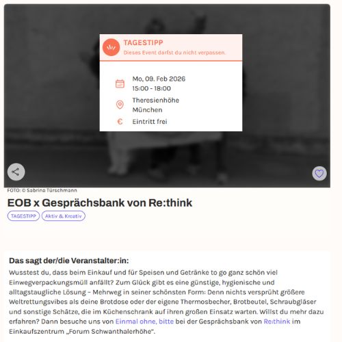 Screenshot des Veranstaltungseintrags mit dem Titel „EOB x Gesprächsbank von Re-think“ und dem Hinweis „Tagestipp“