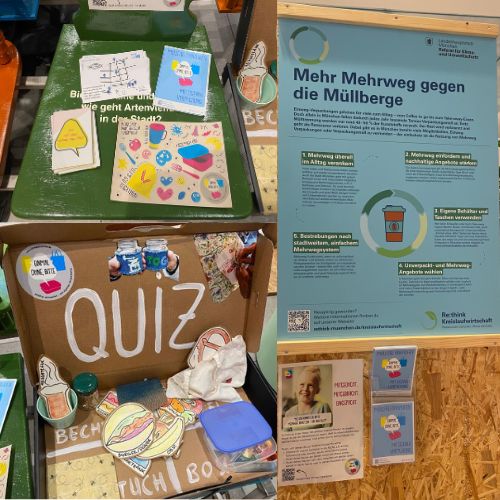 Fotos mit Eindrücken eines Infostands von „Einmal ohne, bitte“: unter anderem Infomaterial, Quizkoffer, Mehrwegplakat