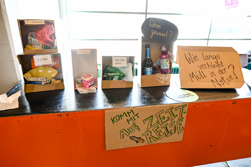 Foto des Spiels „Müllverfallsfenster“ mit den Schildern „Komm mit auf Zeitreise“ und „Wie lange verbleibt Müll in der Natur?“