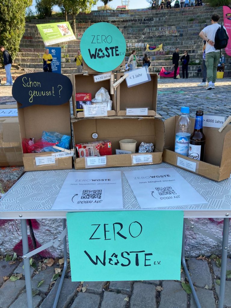 Foto des Spiels „Müllverfallsfenster“ mit den Schildern „Schon gewusst?“ und „Zero Waste e. V.“