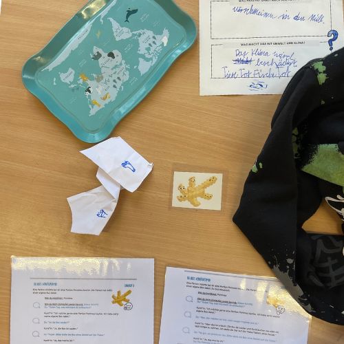 Foto mit Rollenspiel-Karten und Pommesschalen-Symbol auf einem Tisch