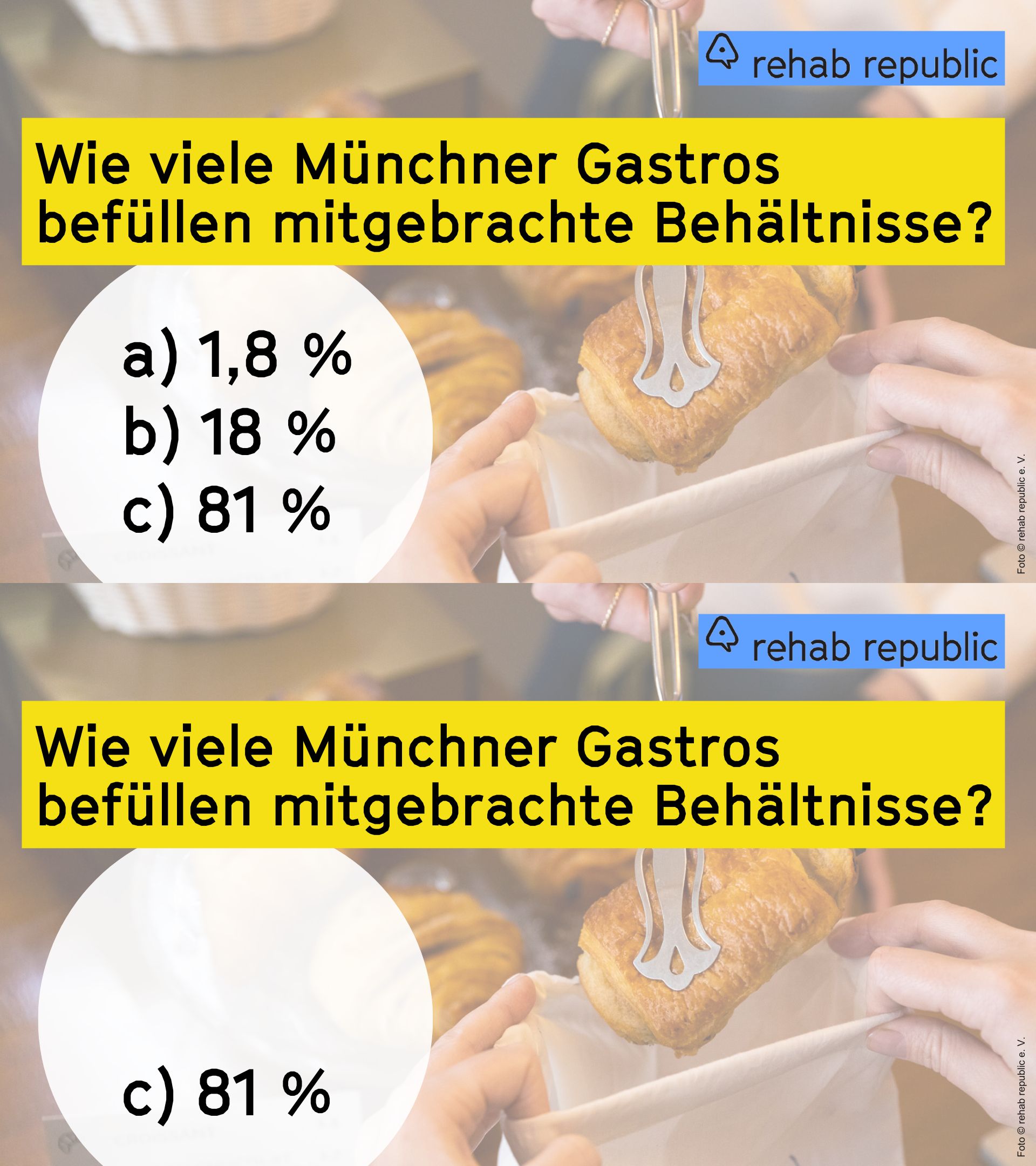 Zwei Folien mit der Frage „Wie viele Münchner Gastros befüllen mitgebrachte Behältnisse?“ und der Antwort „81 %“