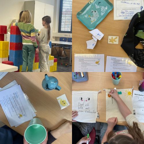 Vier Fotos mit Impressionen aus den Zero-Waste-Schulworkshops: Kinder beim Rollenspiel und Bemalen von Stoffbeuteln
