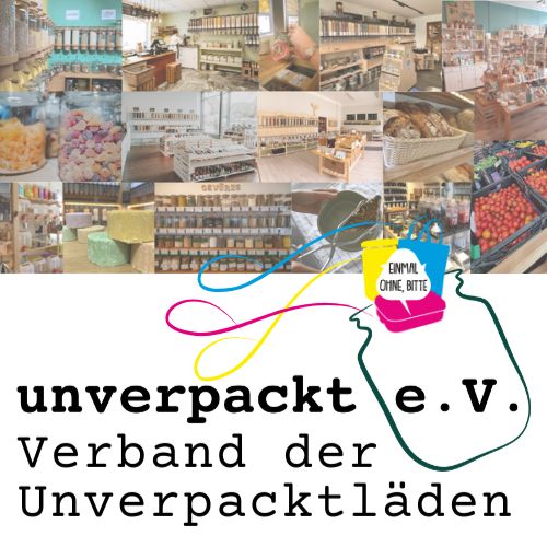 Das bunte Logo von „Einmal ohne, bitte“ fliegt ins Logo von „Unverpackt e. V.“, dem „Verband der Unverpacktläden“, mit Fotos von Unverpacktläden im Hintergrund