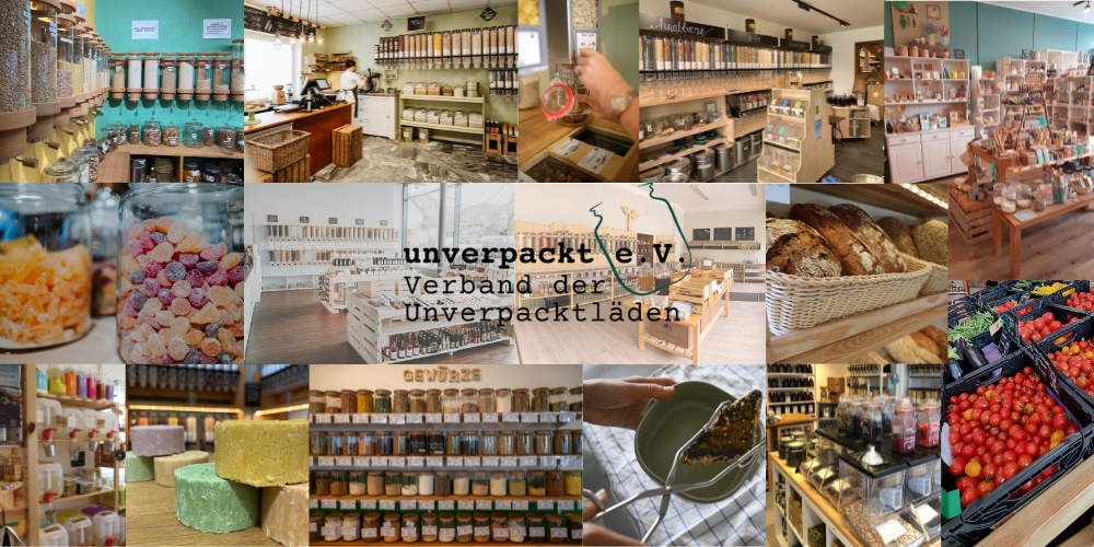 Foto-Impressionen von Unverpacktläden rund ums Logo von „Unverpackt e. V.“, dem „Verband der Unverpacktläden“