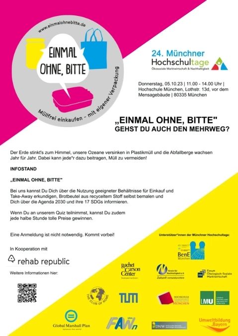 Plakat zum Infostand von „Einmal ohne, bitte“ bei den 24. Münchner Hochschultagen