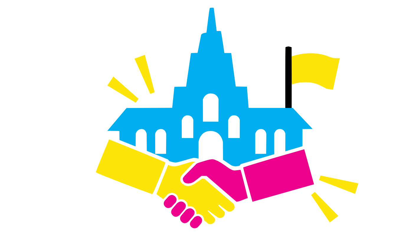 Bunte Grafik eines Rathauses oder ähnlichen Gebäudes der Stadt und eines Handschlags