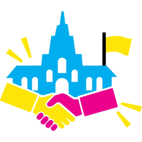 Bunte Grafik eines Handschlags vor einem Rathaus